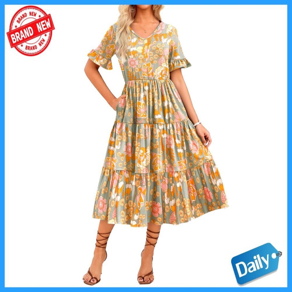 Floral Midi Dress Tiered Ruffle Sleeve V Neck Casual Summer Beach Boho